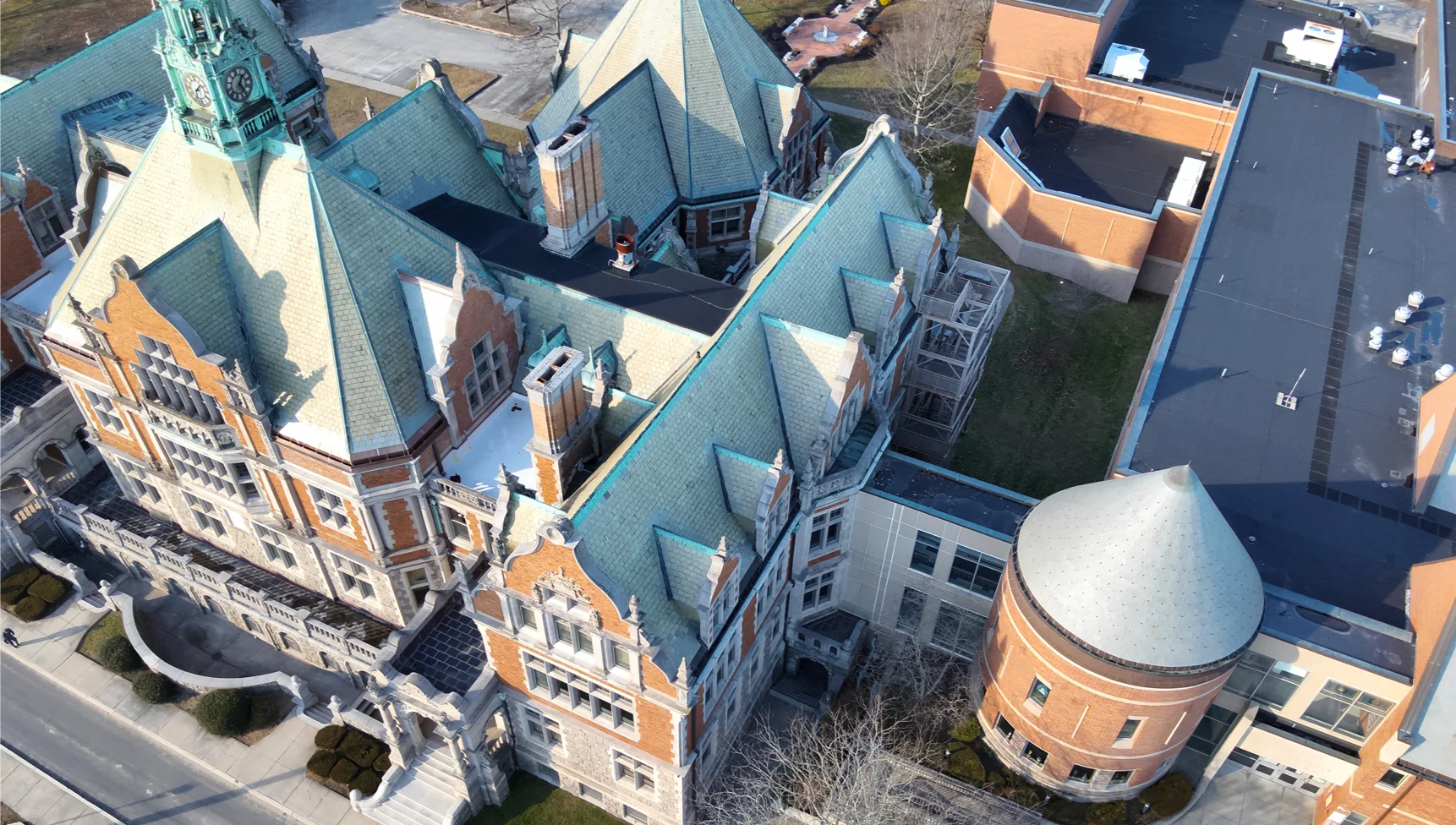 Drone photograph of Fairhaven High School after a Greenwood Industries and TWC Phoenix restoration of the historic school.