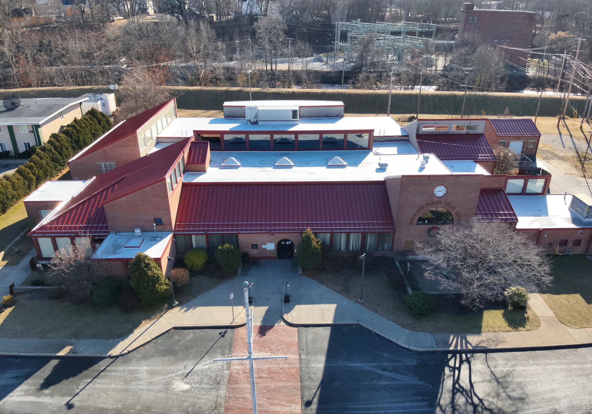 Drone photograph of the front of Woonsocket Harris Library after a re-roof by Greenwood Industries