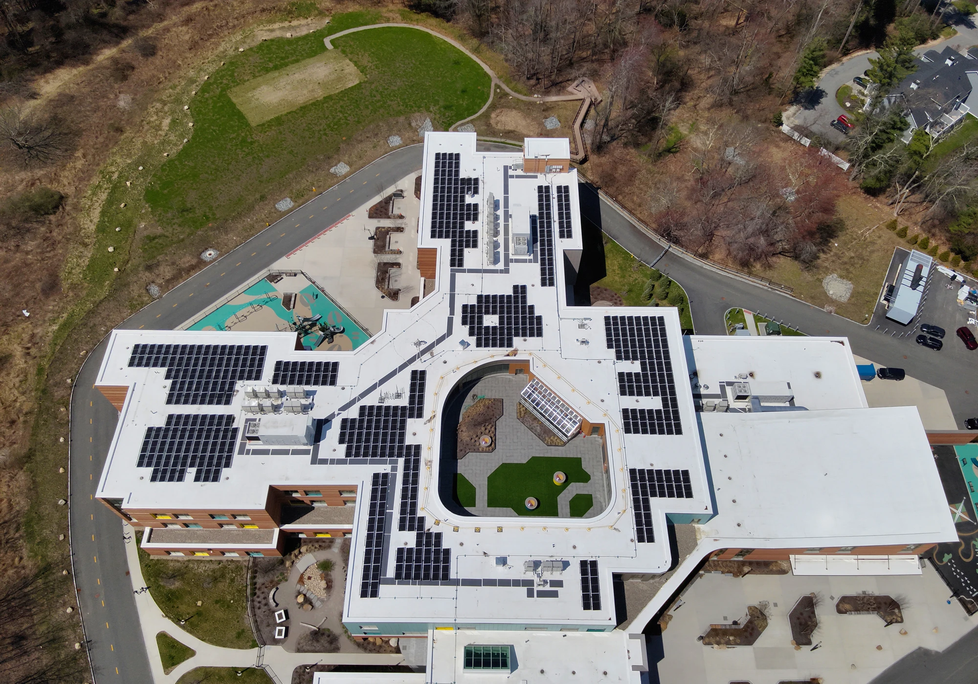 Overhead shot of West Elementary with its new roof and central green roof.