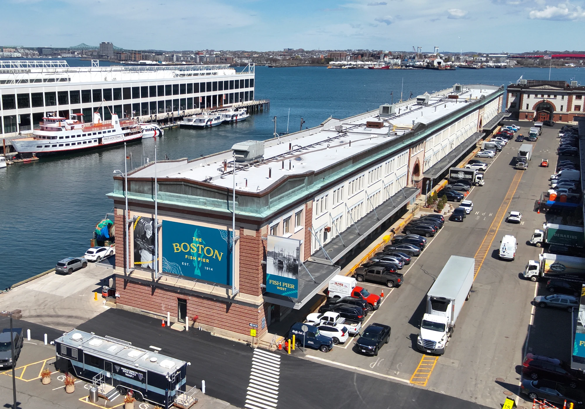 Drone photo of the Western Fish Pier Building and Boston Harbor